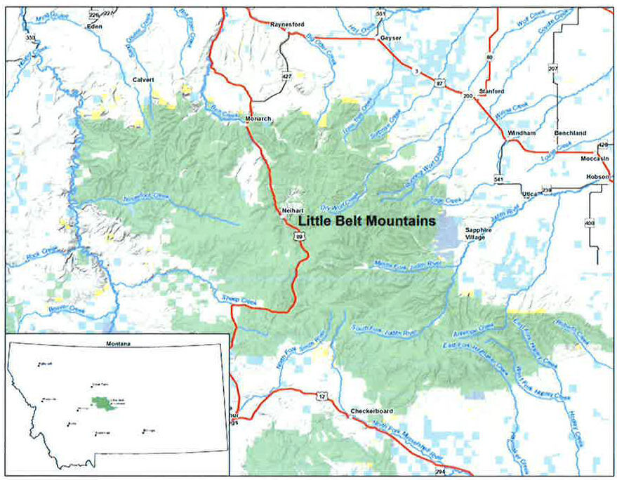A map of the Little Belt Mountains.